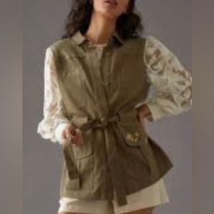 Anthropologie Tiny Floral Utility Vest Green 100% Cotton Tunic Large NEW